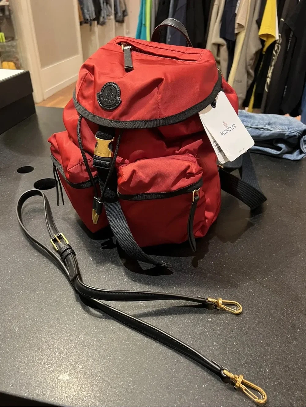 Moncler Red Nylon Mini Backpack with Gold-Tone Accents